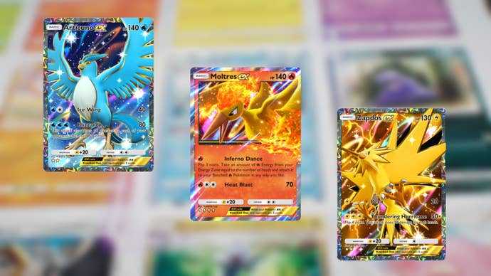 The three legendary birds - Zapdos ex, Articuno ex, and Moltres ex - all have their cards from Pokemon TCG Pocket on display