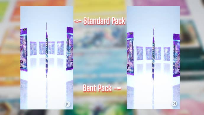 Two screenshots of a standard booster pack and bent booster pack from Pokemon TCG Pocket are shown beside one another
