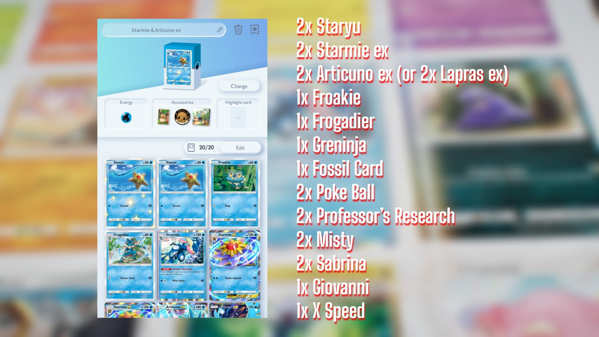 A card list for a Starmie ex deck in Pokemon TCG Pocket is shown, alongside an image of the deck being built - 3