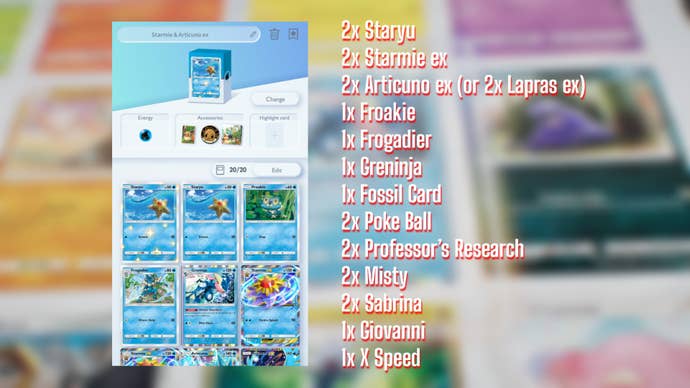 A card list for a Starmie ex deck in Pokemon TCG Pocket is shown, alongside an image of the deck being built