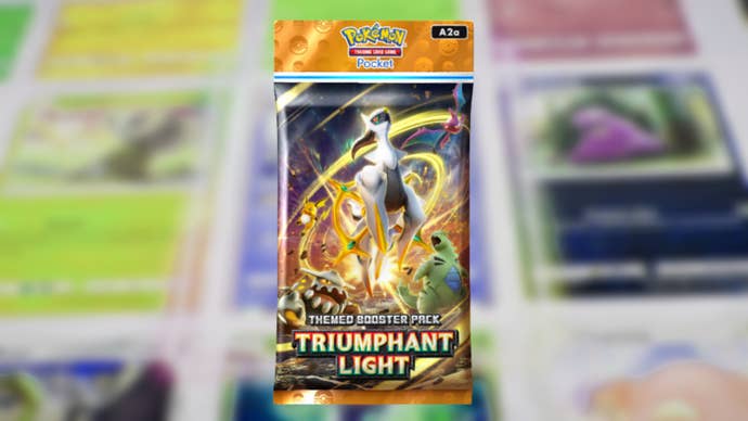 The artwork for the Triumphant Light booster pack from Pokemon TCG Pocket, which features legendary Pokemon Arceus on the front, can be seen