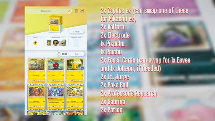 A card list for a Zapdos ex deck in Pokemon TCG Pocket is shown, alongside an image of the deck being built