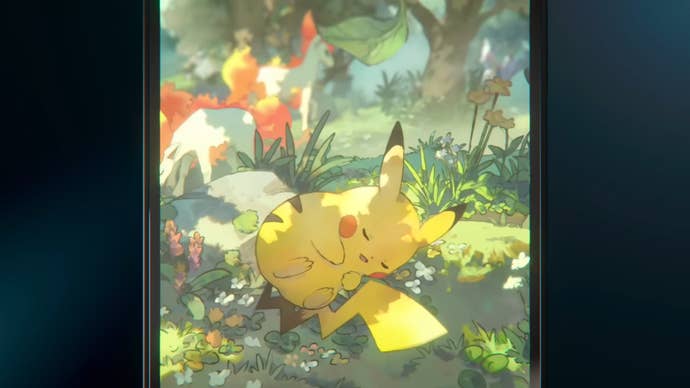 A sleeping Pikachu can be seen inside of an Immersive Card in Pokemon TCG Pocket, which is being displayed on a mobile phone screen