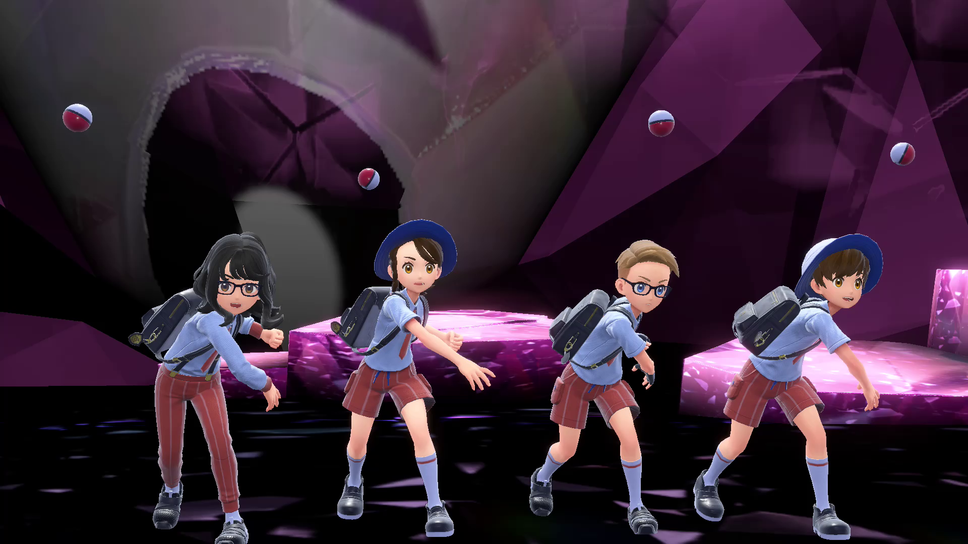 Pokémon Scarlet Violet - four trainers throw a Pokéball for a raid