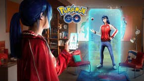 Pokémon Go avatar update artwork showing a blue-haired woman staring at her in-game avatar.