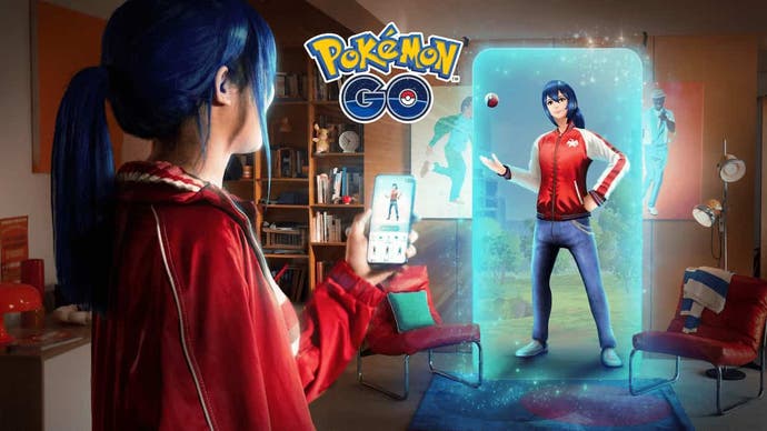 Pokémon Go avatar update artwork showing a blue-haired woman staring at her in-game avatar.