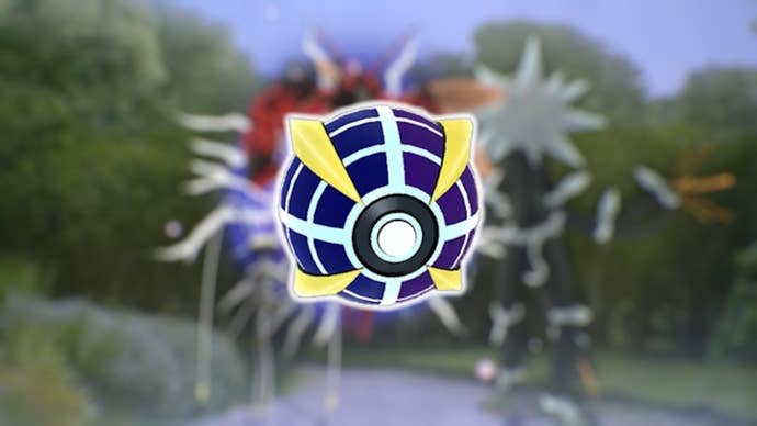 A Beast Ball from Pokemon Go on a blurred Ultra Beast background.