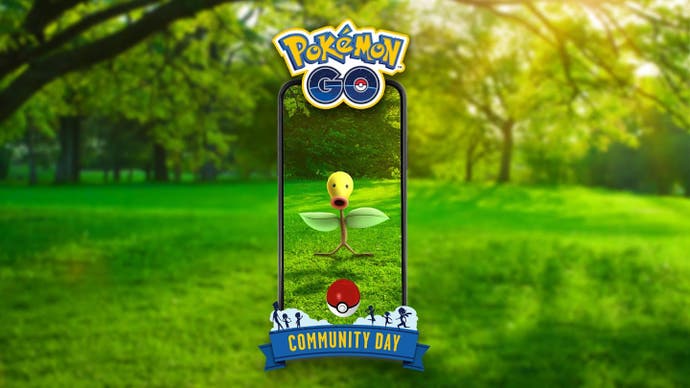 Pokémon Go Community Day artwork featuring the Grass-type Bellsprout.