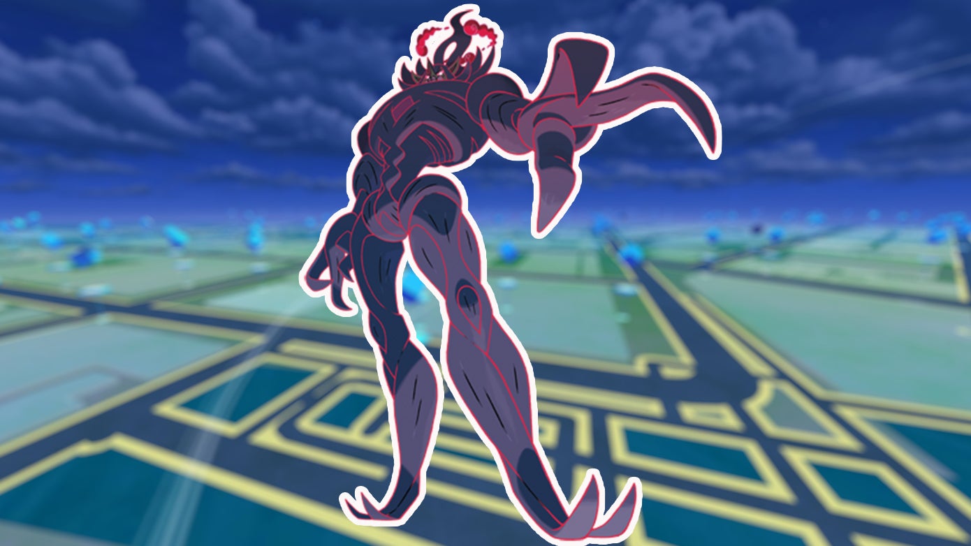 Gigantamax Grimmsnarl, outlined in white, on a night time background from Pokémon Go.