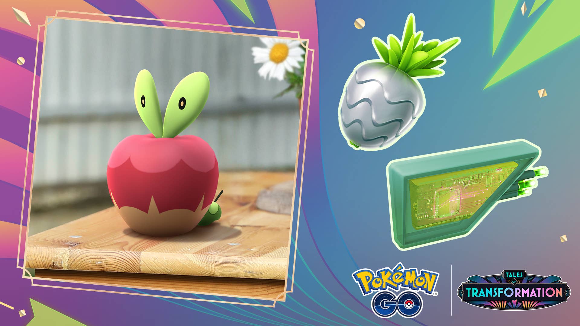 An Applin stands near the icons for a Silver Pinap Berry and Mossy Lure Module.