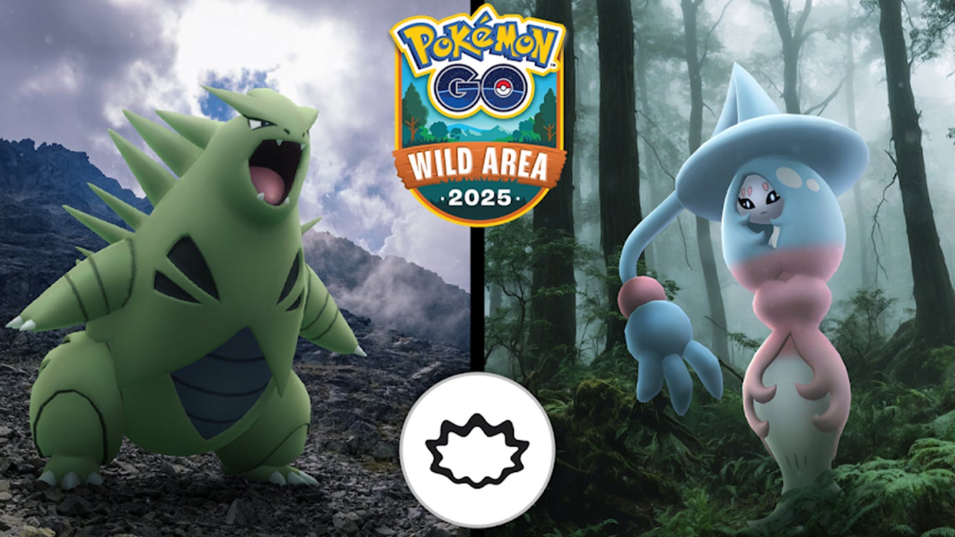 Tyranitar and Hatterene stand either side of the Wild Area Global 2025 logo for Pokémon Go.