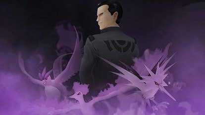 Giovanni surrounded by shadow versions of Zapdos, Articuno and Moltres.