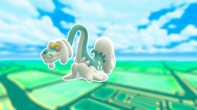 Drampa on a day time Pokemon Go map behind it.