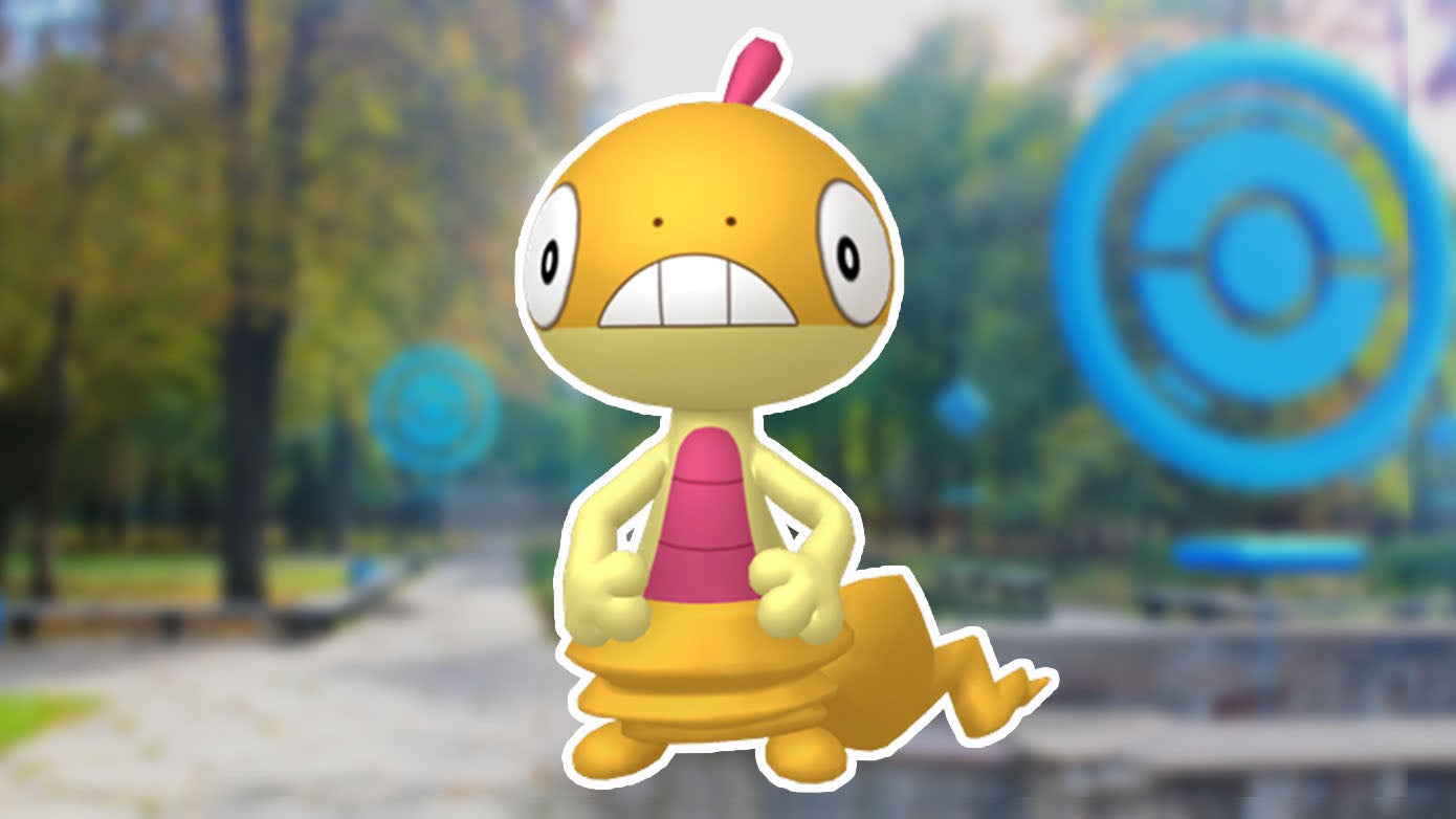A picture of shiny Scraggy on a park background from Pokémon Go.
