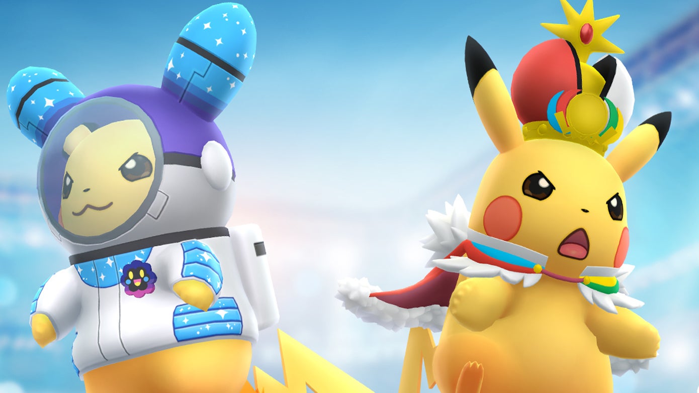A close up of the Cosmog Spacesuit Pikachu and 2026 World Championship Pikachu in Pokémon Go.