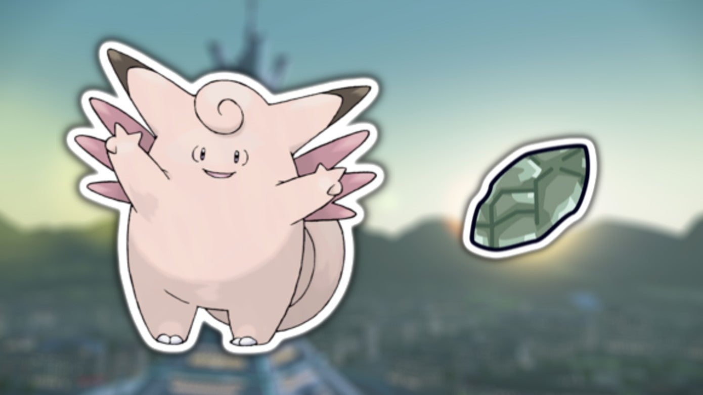 Clefable from the Pokemon series is shown standing beside a Moon Stone.