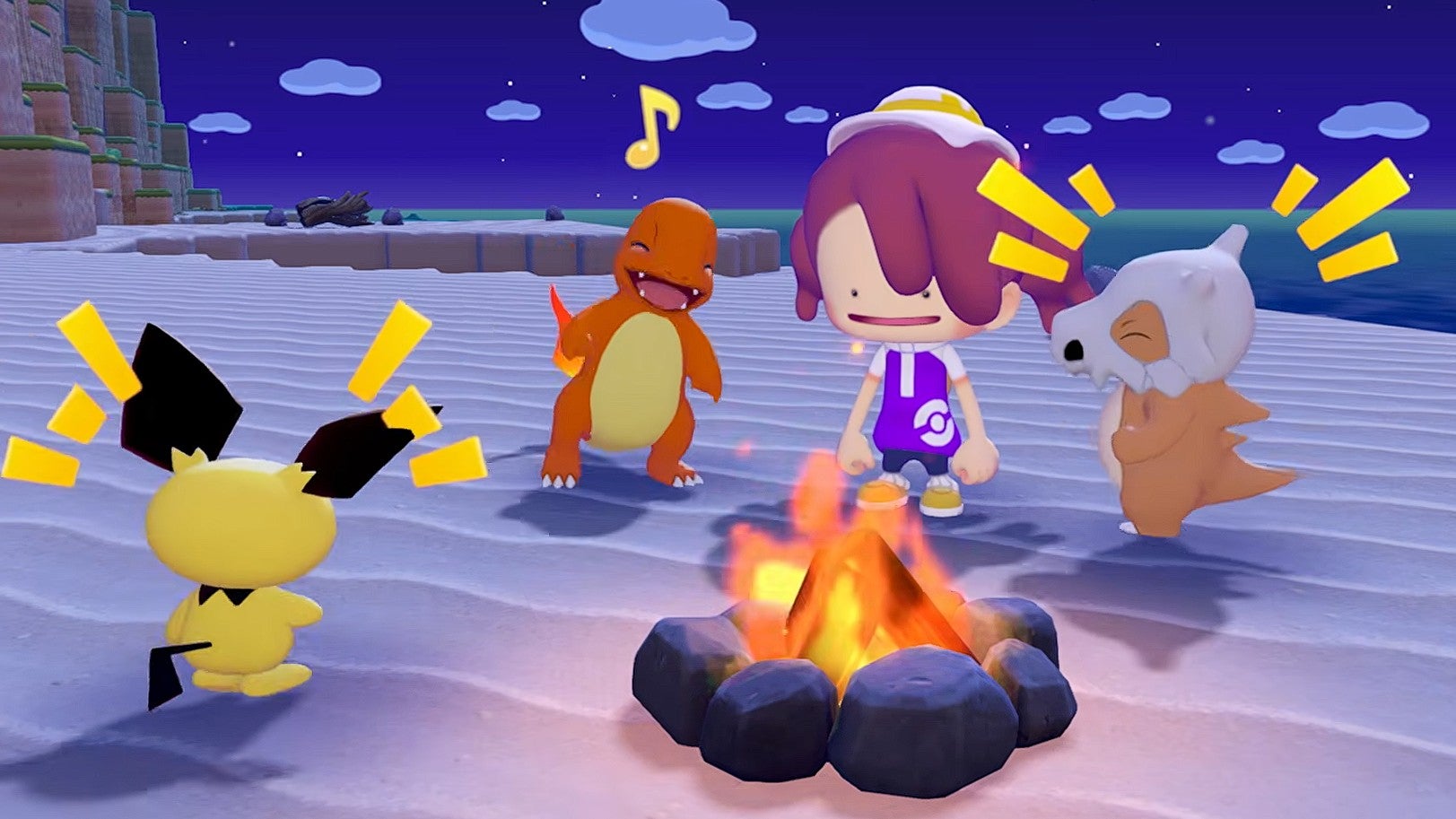 Pokémon Pokopia screenshot showing Ditto and three Pokémon cheering around a small camp fire