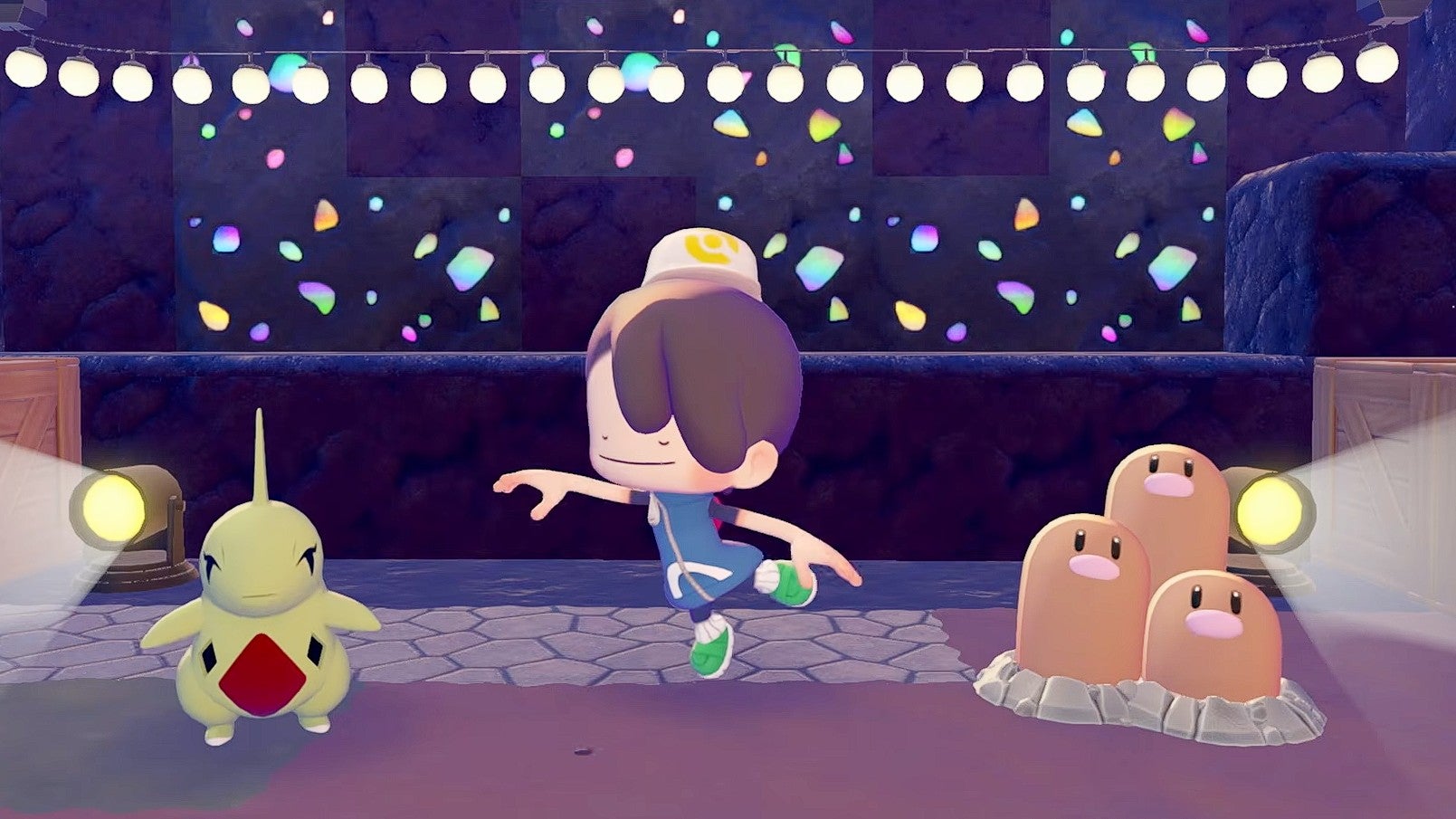 Pokemon Pokopia trailer screenshot showing Ditto dancing with confetti falling around and fairy lights strung across the room