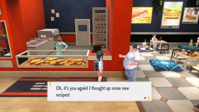 The player speaks with the man in the sandwich shop for new recipes in Pokemon Scarlet and Violet