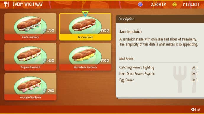 The menu at the Sandwich Shop in Pokemon Scarlet and Violet