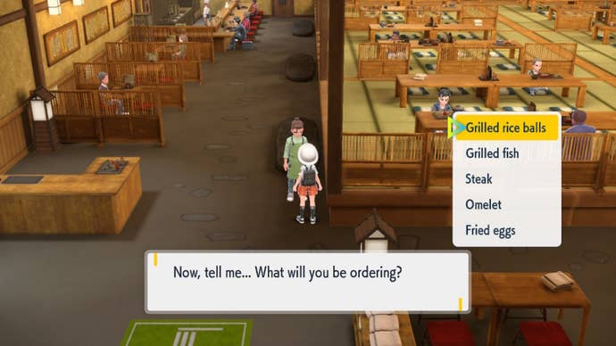 A player selects Grilled rice balls as part of a Secret Menu Recipe in Pokemon Scarlet and Violet's Treasure Eatery