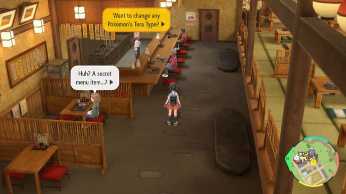 A player inside Treasure Eatery in Pokemon Scarlet and Violet