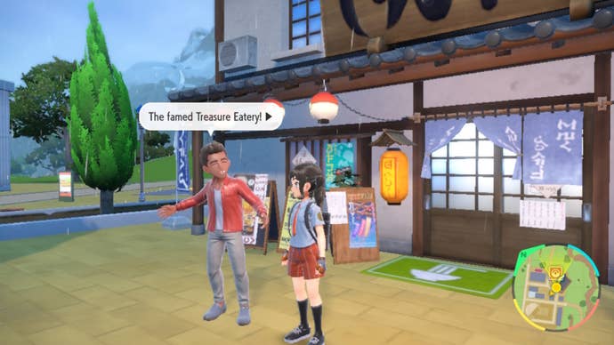 A player stands outside of the Treasure Eatery in Pokemon Scarlet and Violet