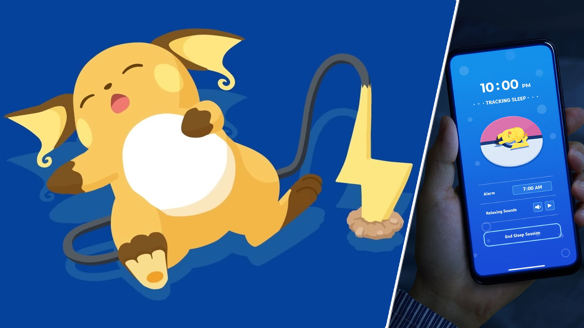A sleeping Pokemon, Raichu, in a split image with a mobile phone screen displaying data from Pokemon Sleep. - 1