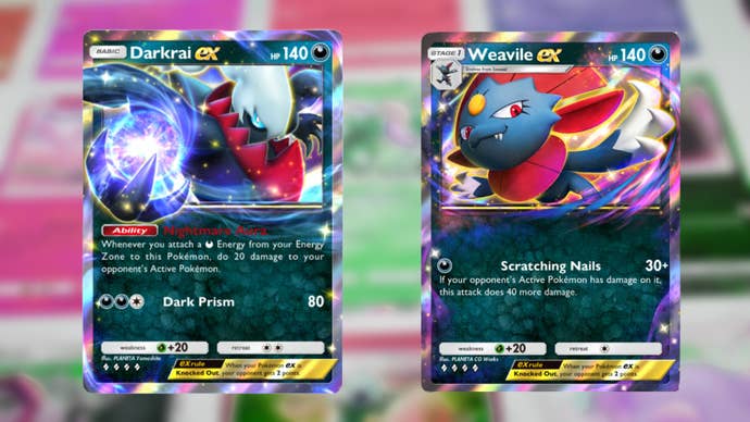 The Darkrai ex and Weavile ex cards from Pokemon TCG Pocket’s Space-Time Smackdown booster expansion is shown