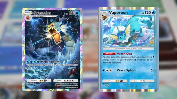 Left to right: Full Art Gyarados (Genetic Apex) and Vaporeon (Mythical Island) cards from Pokemon TCG Pocket are shown beside one another