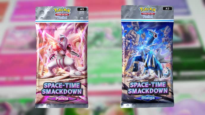 Booster pack artwork for the Dialga and Palkia packs in the Space-Time Smackdown set in Pokemon TCG Pocket can be seen