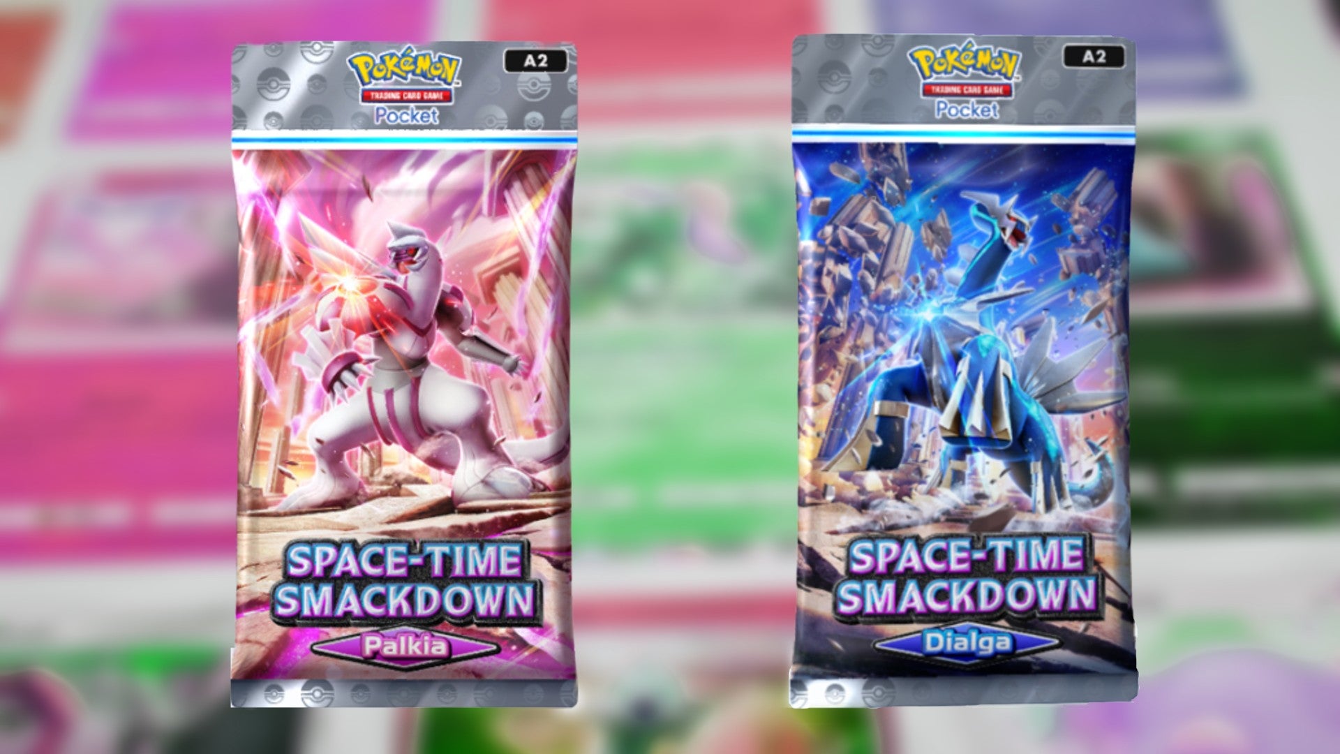 Booster pack artwork for the Dialga and Palkia packs in the Space-Time Smackdown set in Pokemon TCG Pocket can be seen - 1