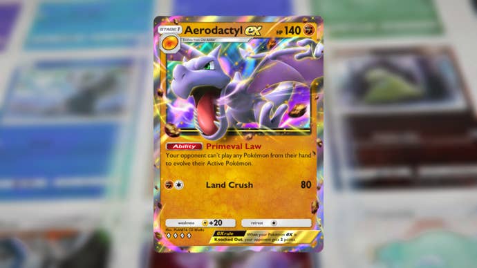 The Aerodactyl ex card from the Mythical Island expansion is shown in Pokemon TCG Pocket