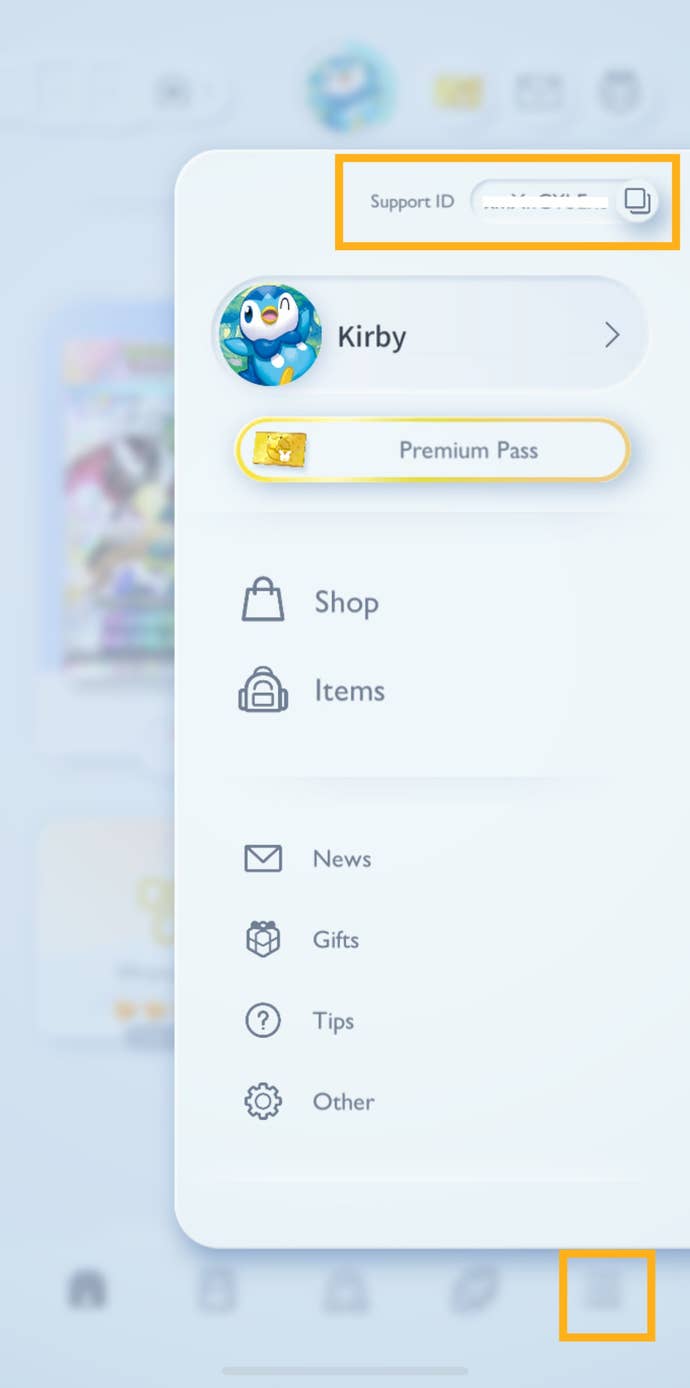 The menu in Pokemon TCG Pocket is shown, with both the menu button and support ID clearly labelled