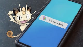 Meowth can be seen peeking out from behind a mobile phone with Pokemon TCG Pocket open that reads 'You got a pack!'