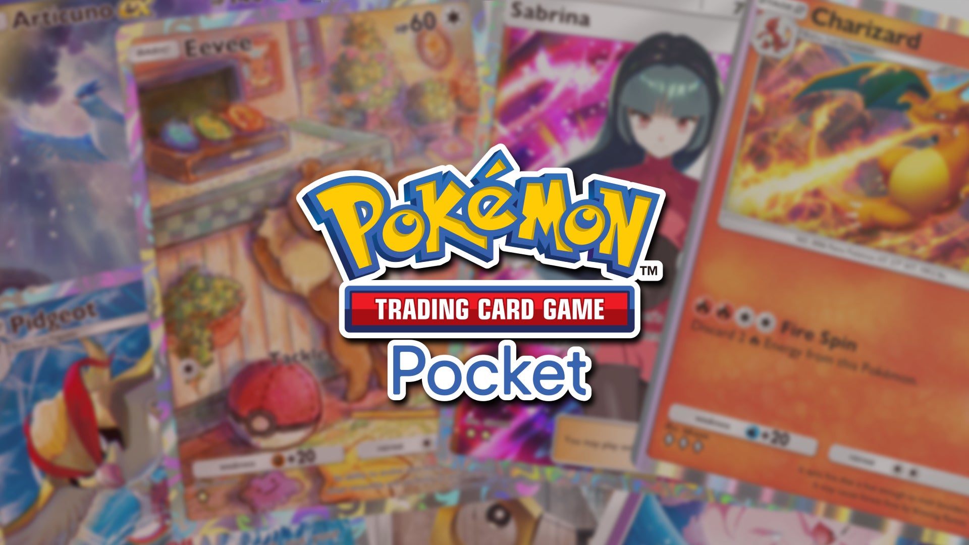 Pokemon Trading Card Game Pocket headline image, featuring scattered cards and the logo - 1