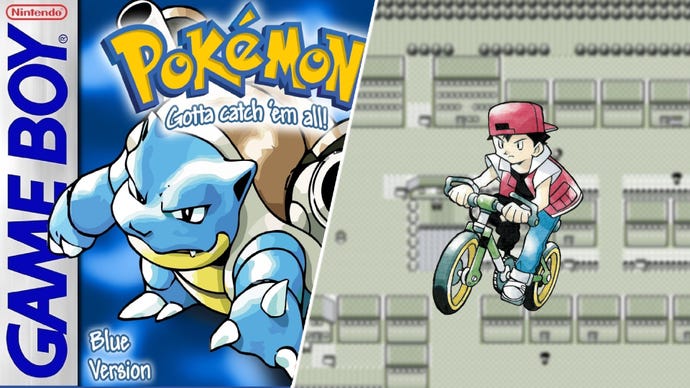 Red riding a bike next to Blastoise on the front cover of Pokemon Blue version.