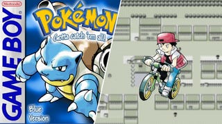 Red riding a bike next to Blastoise on the front cover of Pokemon Blue version.