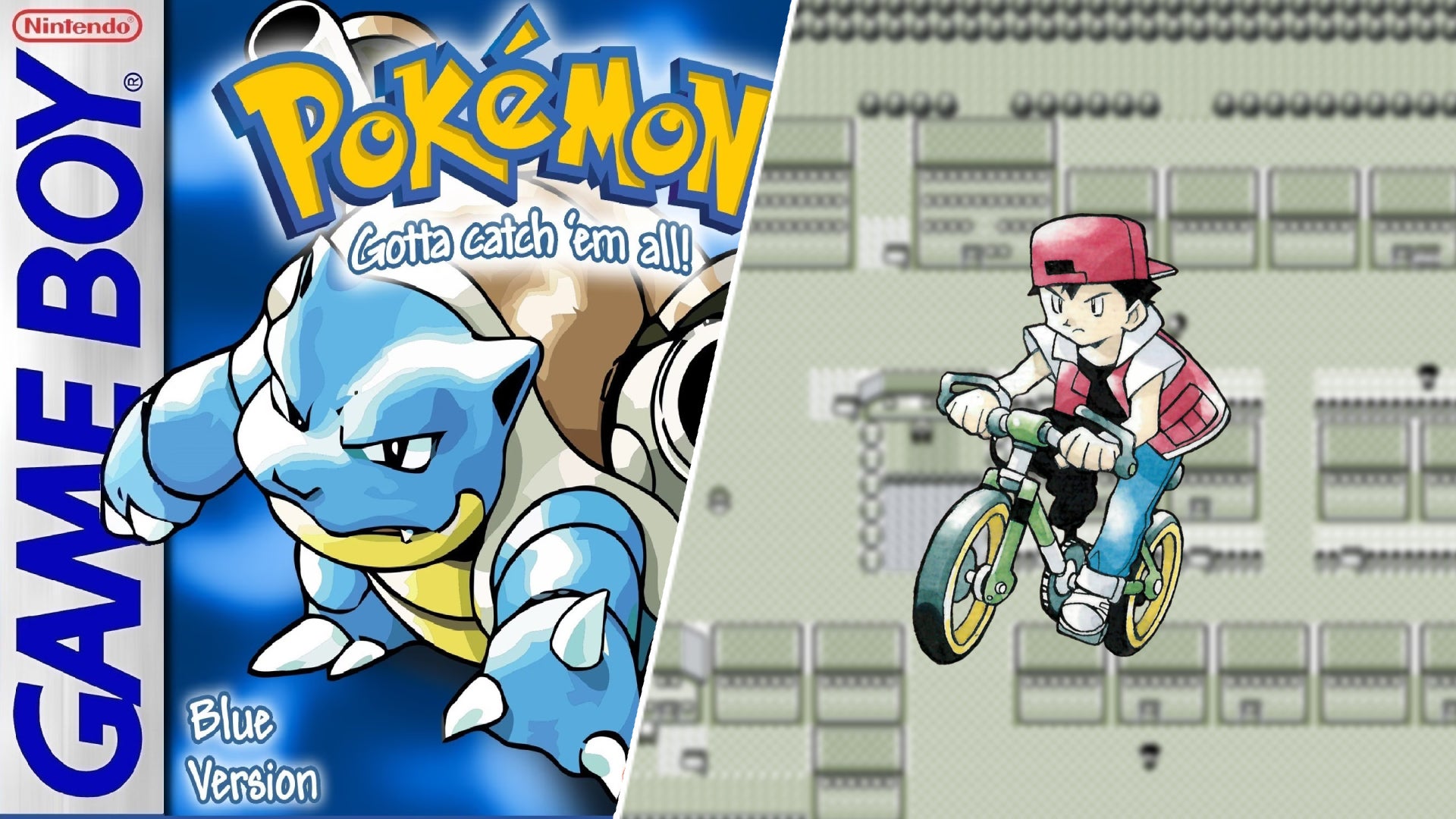 Red riding a bike next to Blastoise on the front cover of Pokemon Blue version. - 1