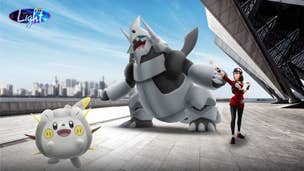 Togedemaru and Mega Aggron stand beside a 笔辞办é尘辞苍 Trainer in Pokemon GO artwork.