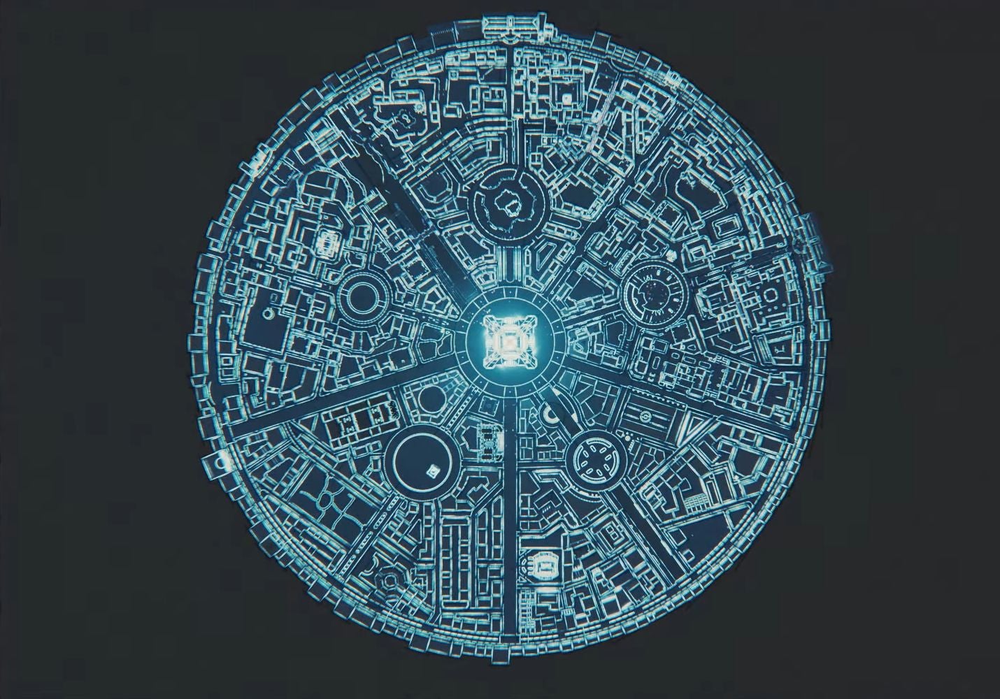 An overhead, schematics-style diagram showing the futuristic city that Pokémon Legends: Z-A is set in.