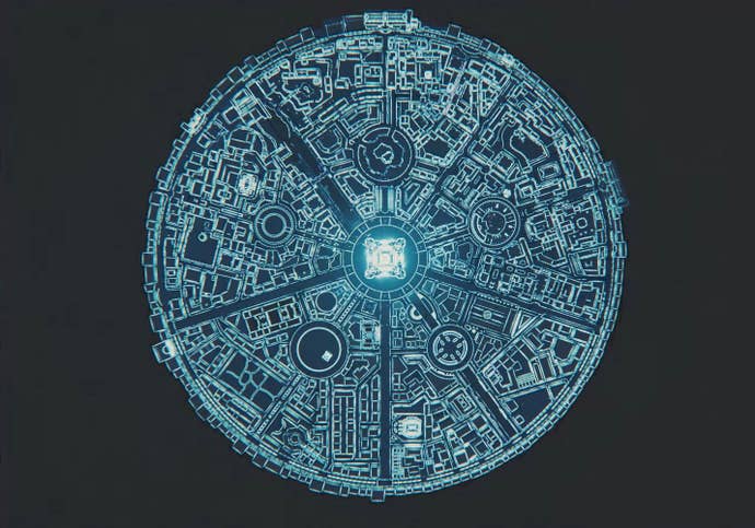 An overhead, schematics-style diagram showing the futuristic city that Pokémon Legends: Z-A is set in.