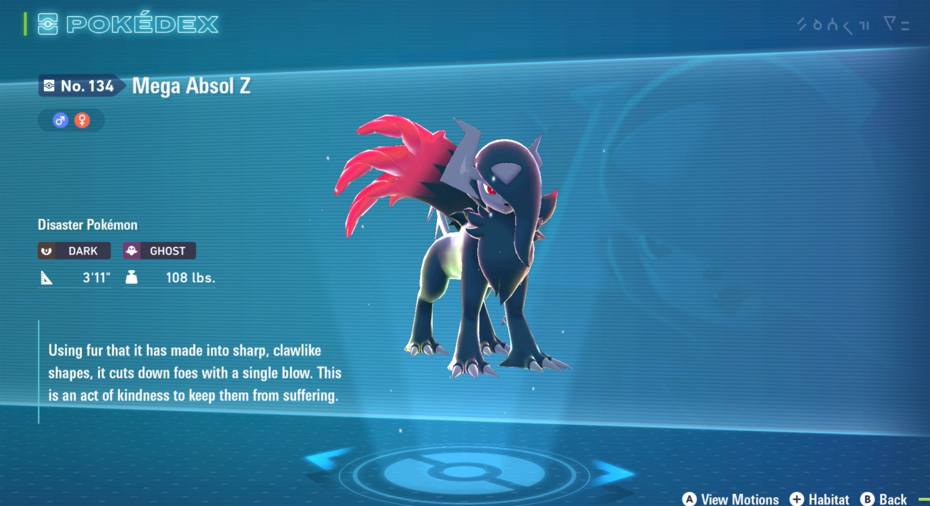 Mega Absol Z's Pok&eacute;dex entry in Pok&eacute;mon Legends: Z-A.