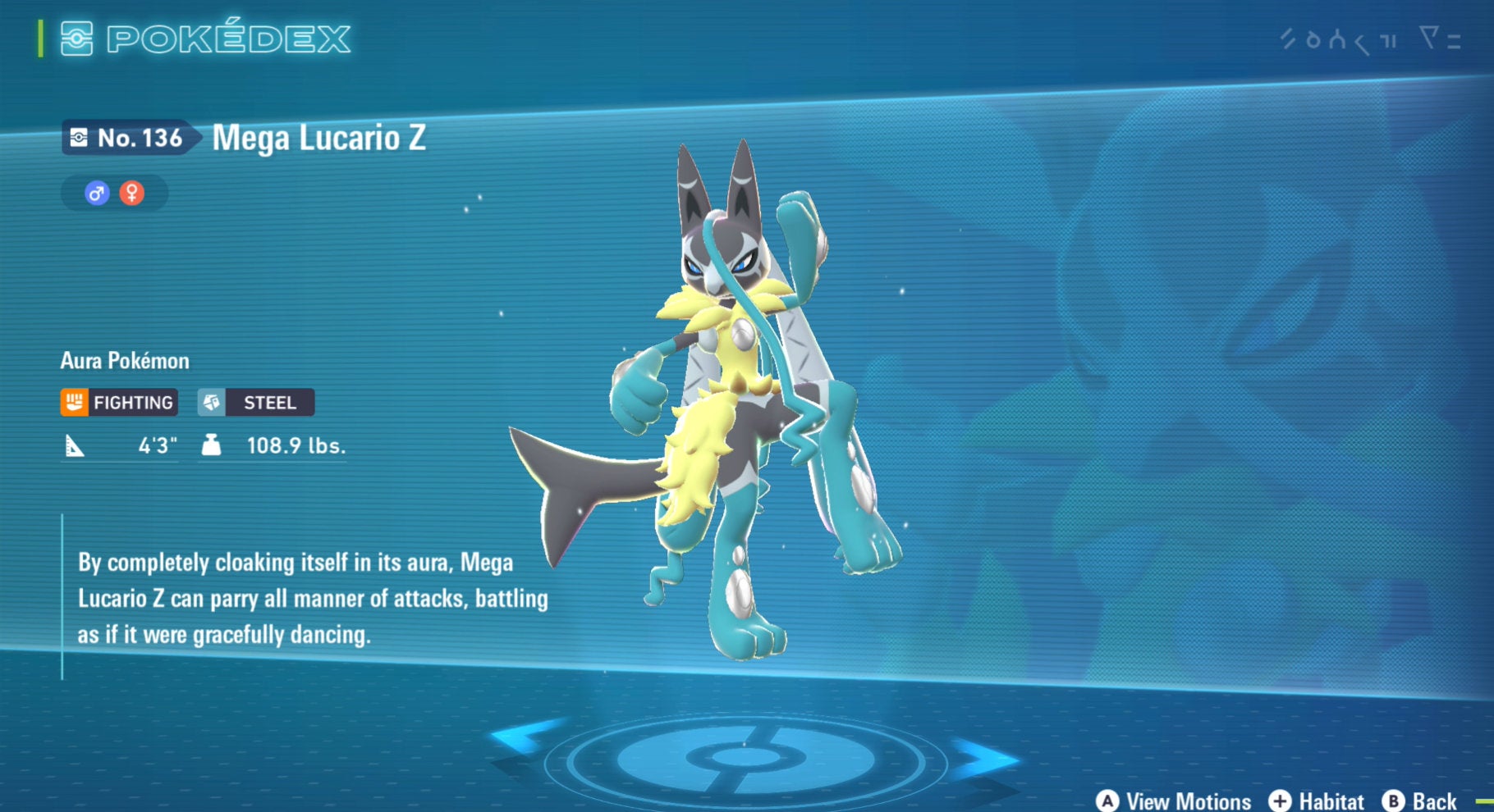 Mega Lucario Z's Pok&eacute;dex entry in Pok&eacute;mon Legends: Z-A.