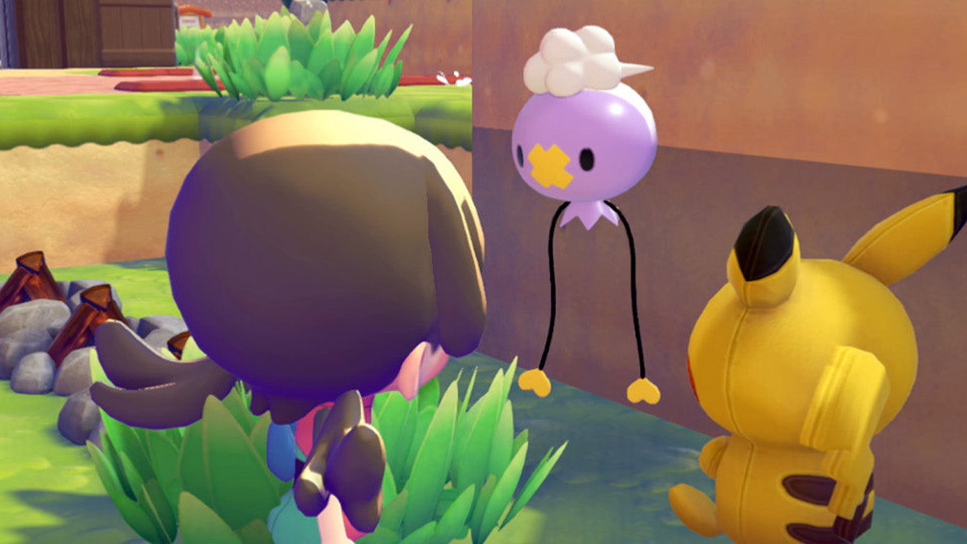 A closeup of human Ditto and Drifloon in Pokémon Pokopia.