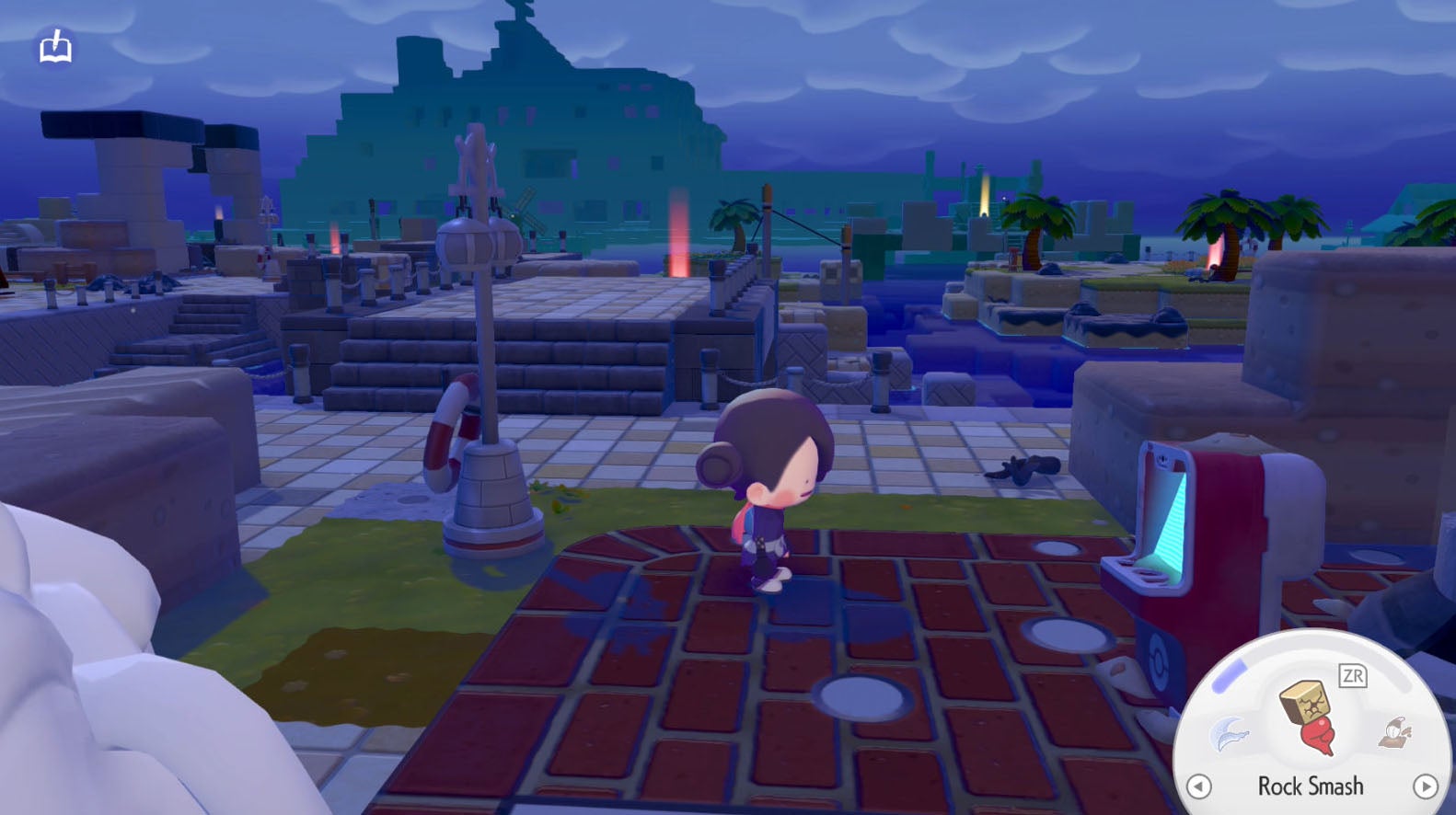 A town in Pokopia with a ship in the background.