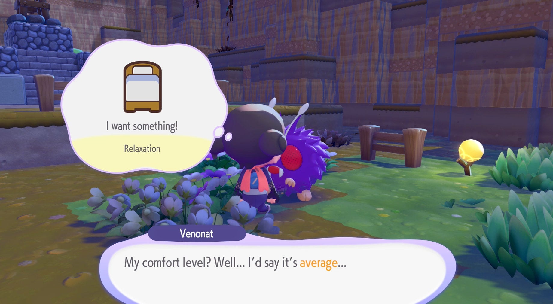 Talking to Venonat in Pokopia.
