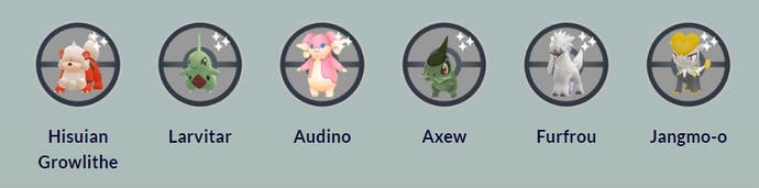 Pokemon included in the Research Breakthrough in Pokemon Go during the Season of Shared Skies, including Hisuian Growlithe, Larvitar, Audino, Axew, Furfrou, and Jangmo-o.