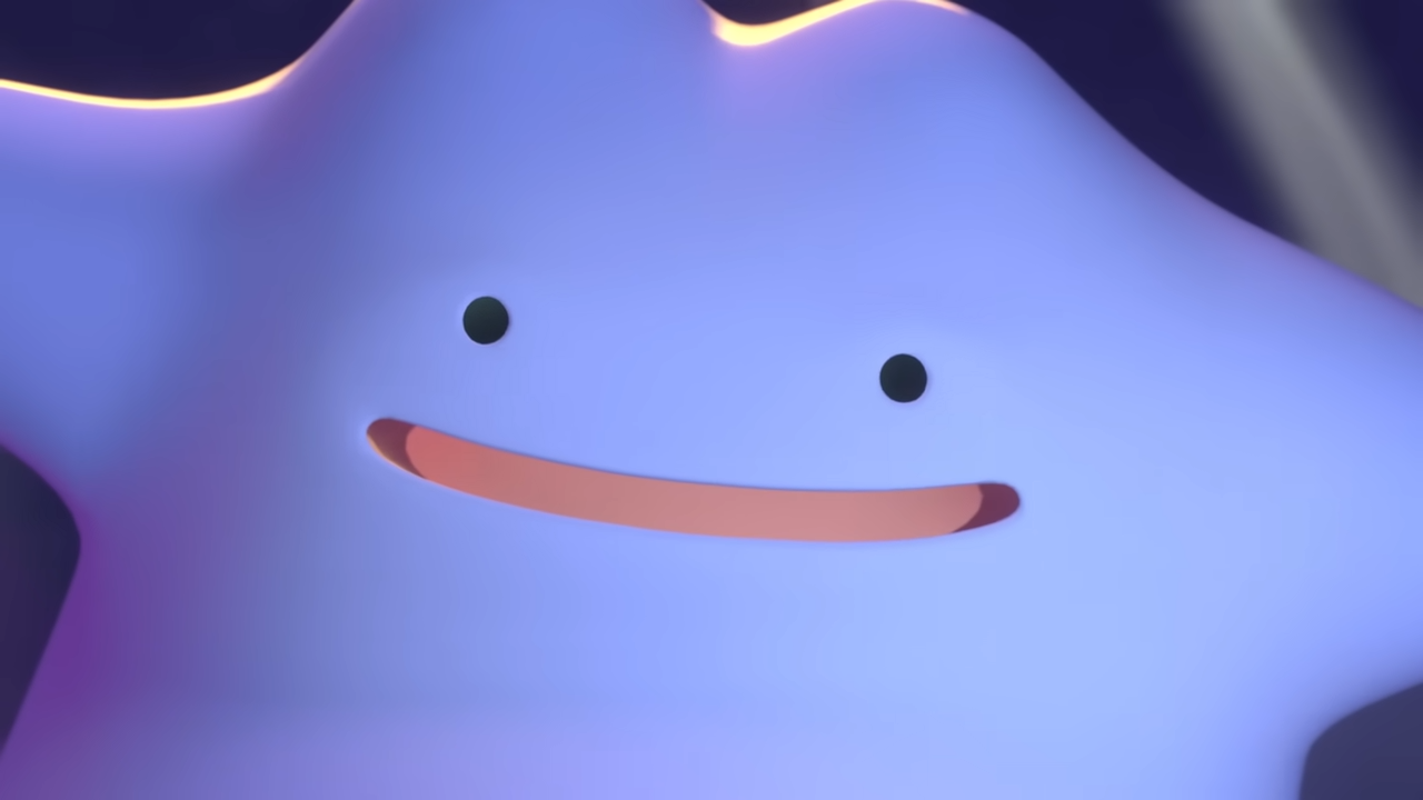 Pokémon Pokopia trailer screenshot showing close up of purple blob Pokémon Ditto