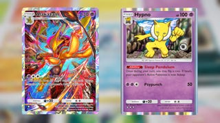 The rare full art Alakazam card and standard Alakazam card from Pokemon TCG Pocket are shown beside one another
